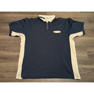 VTG Tommy Hilfiger Athletics Zip Polo Shirt Navy Beige Mens XL Short‎ Sleeve